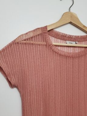 Ichi XS Sheer Tee Shirt Blush Pink Pinstripe Textured Scoop Neck Fiited Top Boho